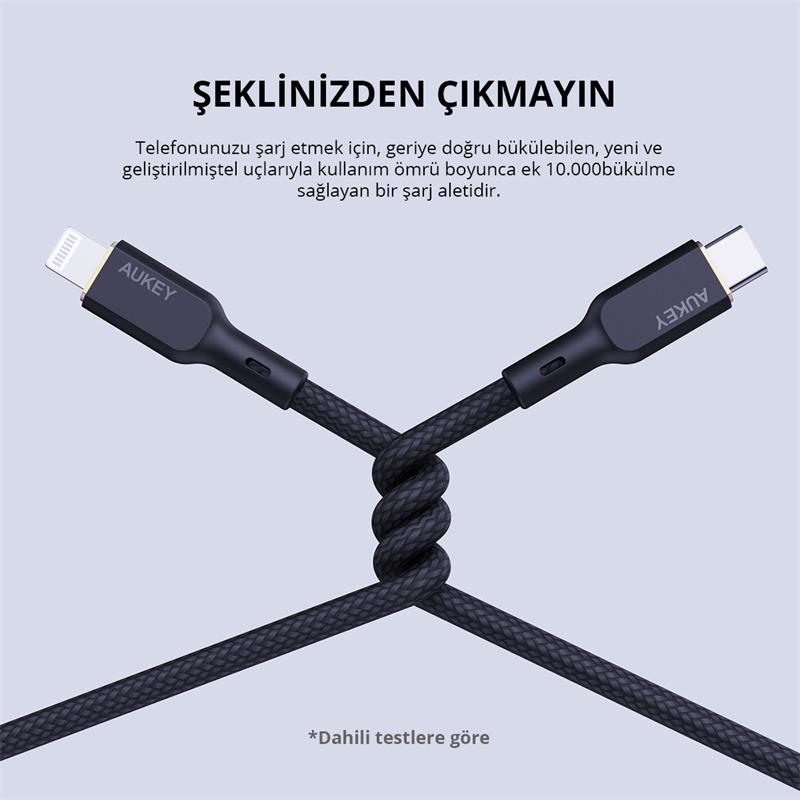 AUKEY CB-NCL1-BK NAYLON ÖRGÜLÜ 3A 480MBPS TYPE-C LIGHTNING KABLOSU 1.8MT 