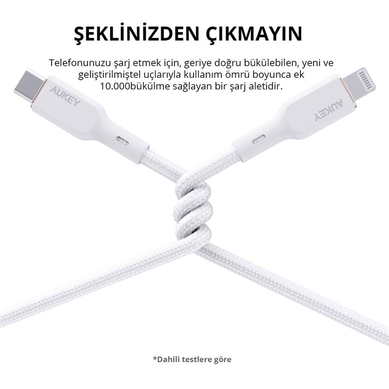 AUKEY CB-NCL1-WH NAYLON ÖRGÜLÜ 3A 480MBPS TYPE-C LIGHTNING KABLOSU 1.8MT 