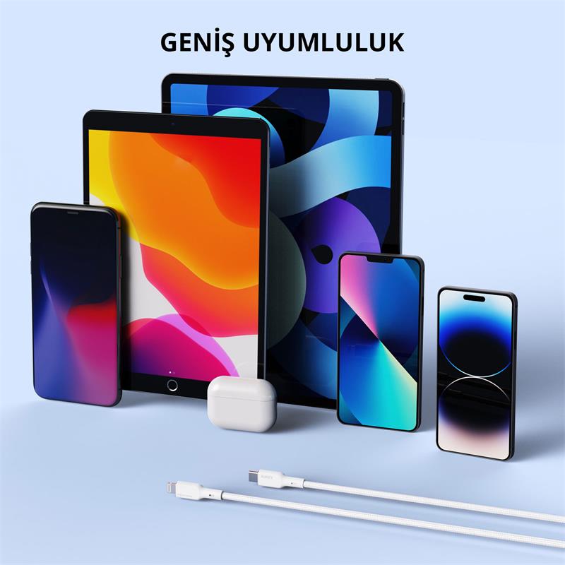 AUKEY CB-NCL1-WH NAYLON ÖRGÜLÜ 3A 480MBPS TYPE-C LIGHTNING KABLOSU 1.8MT 